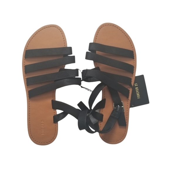 Forever 21 Faux Leather Ankle Wrap Black Gladiator Style Sandals Size 9. - Picture 3 of 7